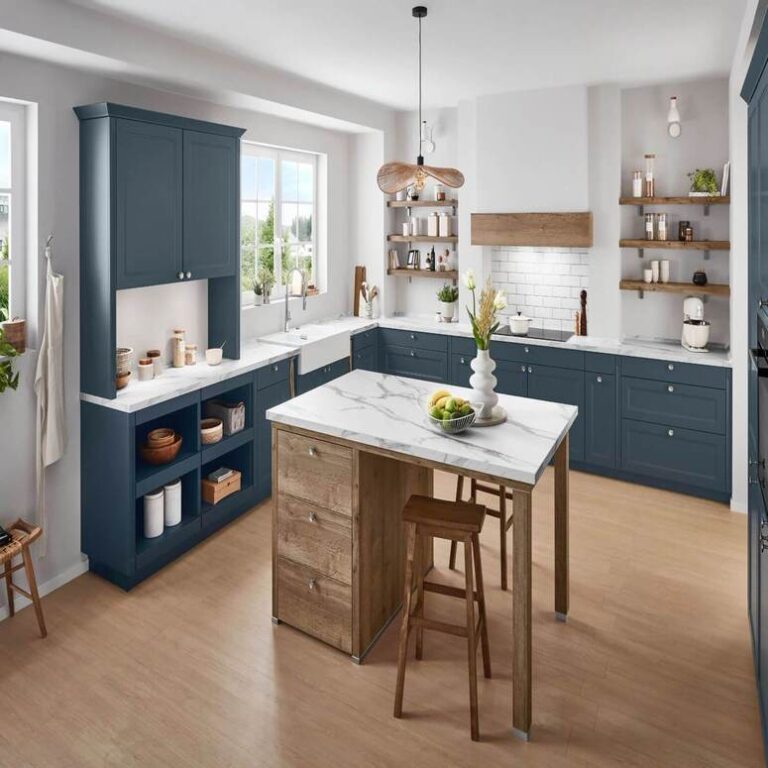 Küche kaufen in Wolfsburg: Dunkelblaue Landhausküche Küche im Landhausstil in Dunkelblau mit Marmor-Kochinsel, Holzregalen und Barhockern